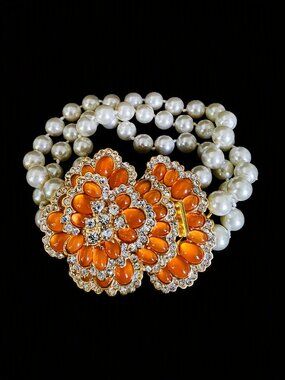 J.Crew 2012 Desert Bloom 3-Strand Pearl Floral Statement Bracelet Orange Gold